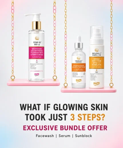 Skin Brightening Bundle containing FEMI-10 facewash, GROWLEX serum and BIOLENA-C sunscreen