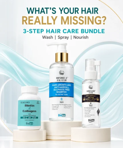 Hair Care Bundle with INFOREC-E shampoo, URICLEAR scalp spray and INFORCE-E tablets